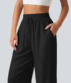 Pantalon large court taille haute en lin mélangé avec cordon de serrage et poches