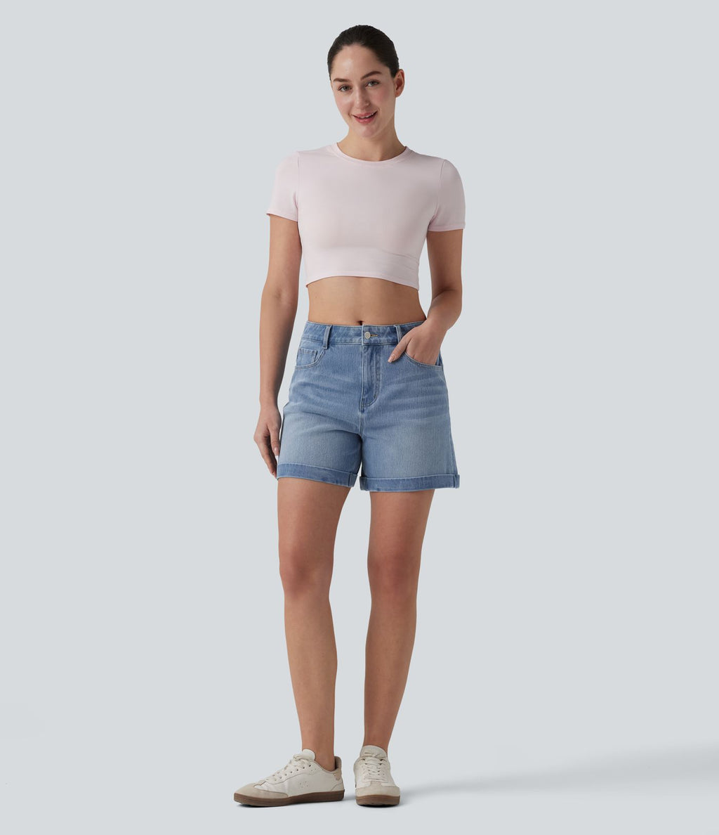 Halara Flex™ Short en denim taille mi-haute ourlet retroussé 12,5 cm avec poches