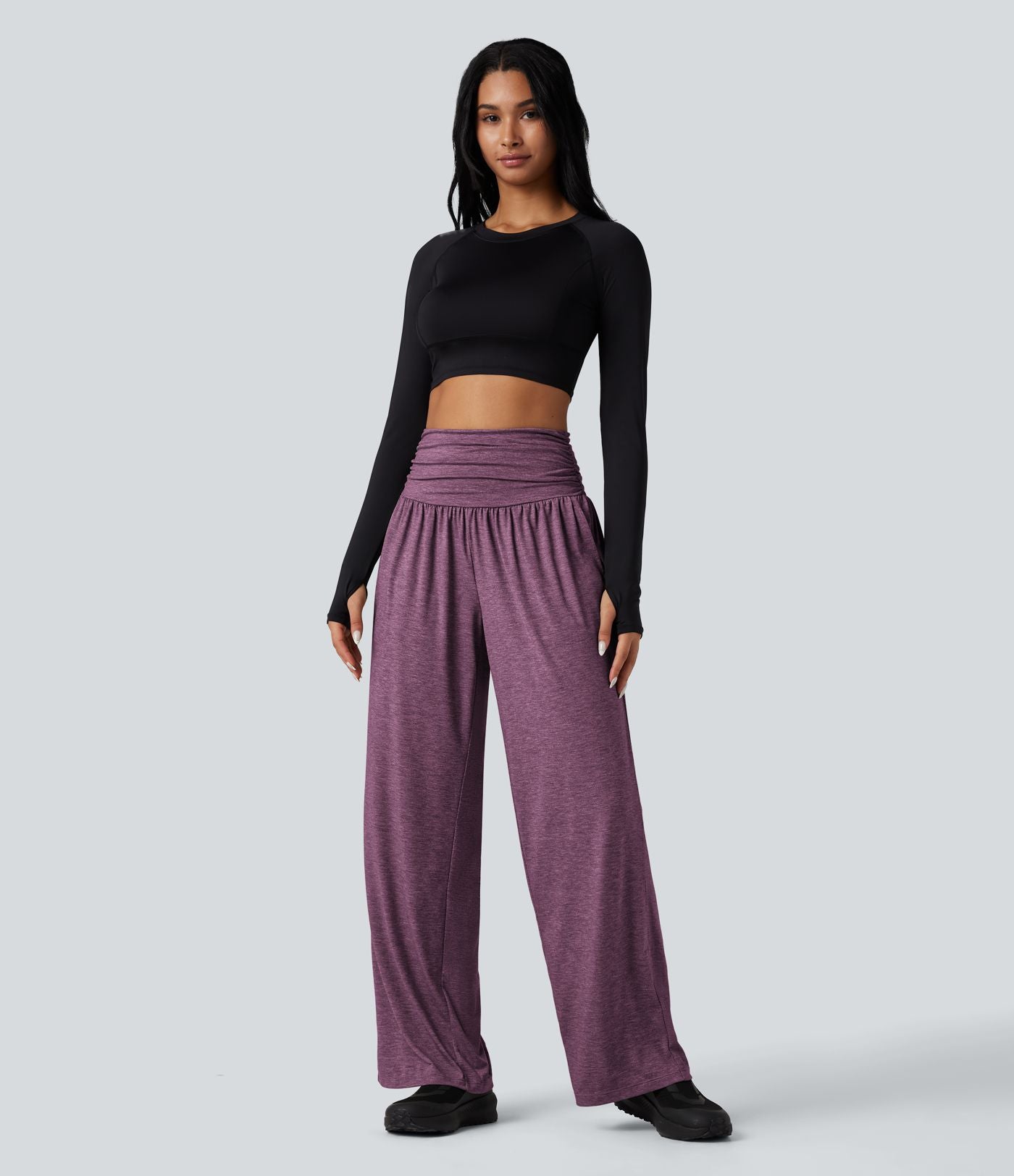 Pantalon de yoga large froncé chiné taille haute avec poches