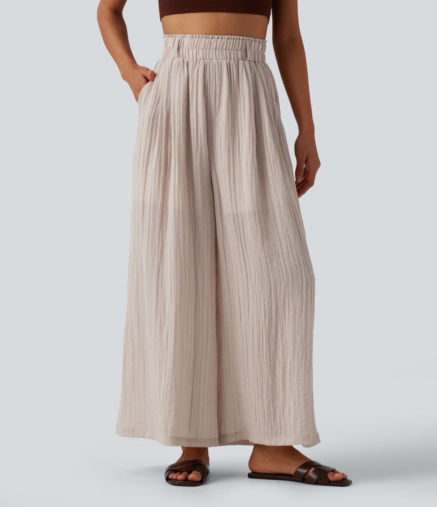 Pantalon fluide ample décontracté taille haute avec poches