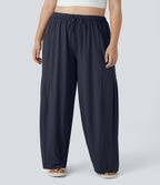 Pantalon Large Casual Taille Mi-Haute Taille Élastique Cordon Poches Latérales Ourlet Flottant Grande Taille