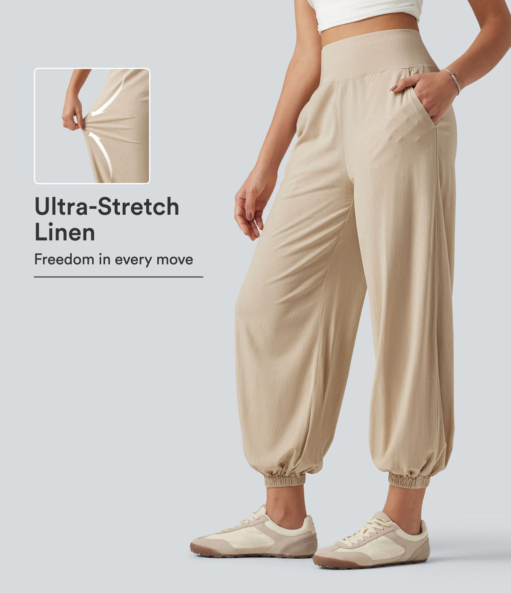 Pantalon de jogging taille haute en lin stretch avec poches