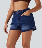 Short 7,5 cm décontracté en jean extensible Halara Flex™ taille moyenne avec boutons, zip et multiples poches