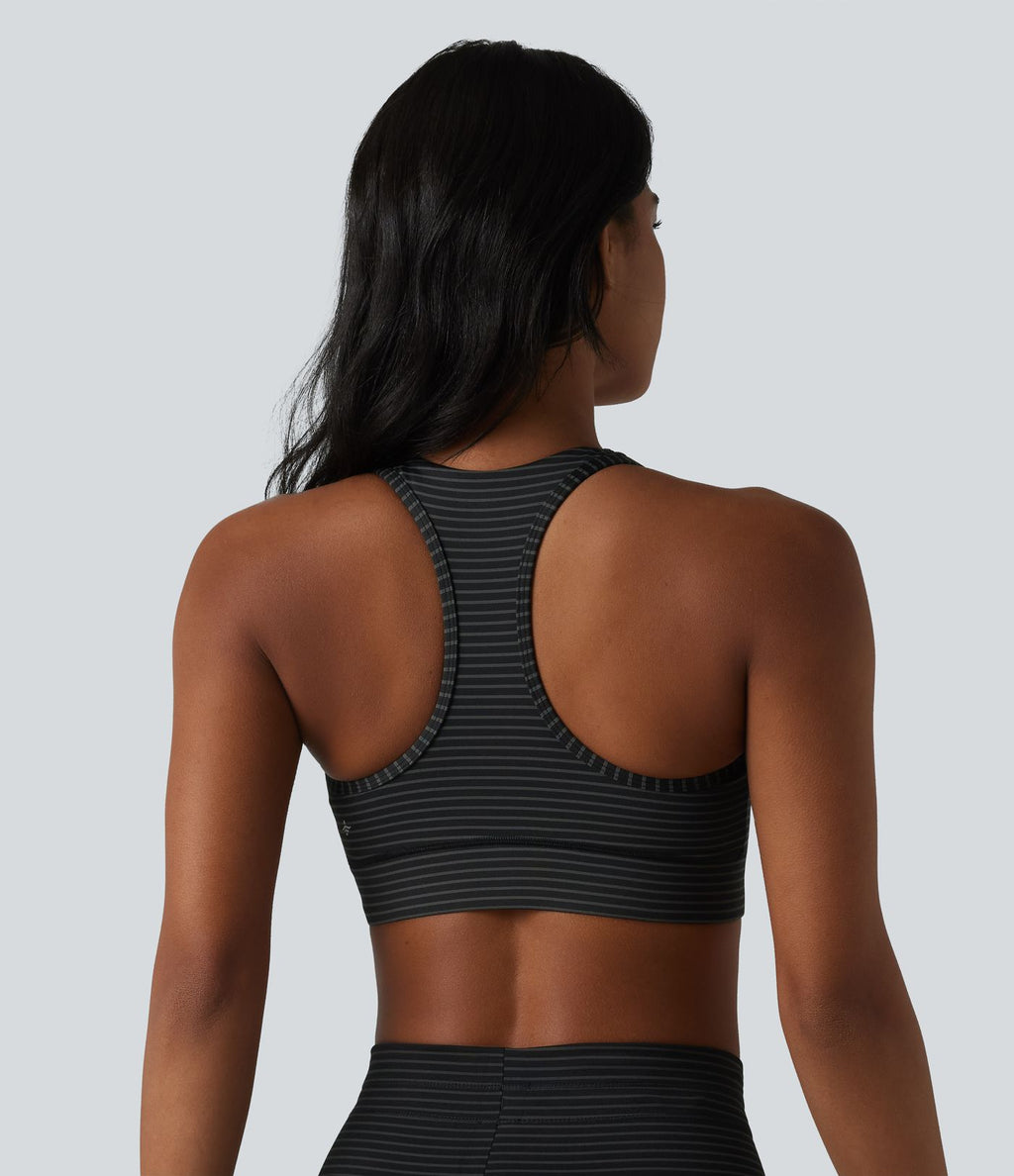 Brassière de sport col V dos nageur maintien moyen à rayures