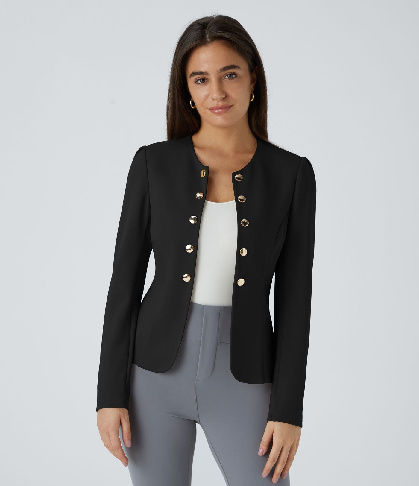Blazer tailleur ajusté à col rond, manches longues avec boutons décoratifs