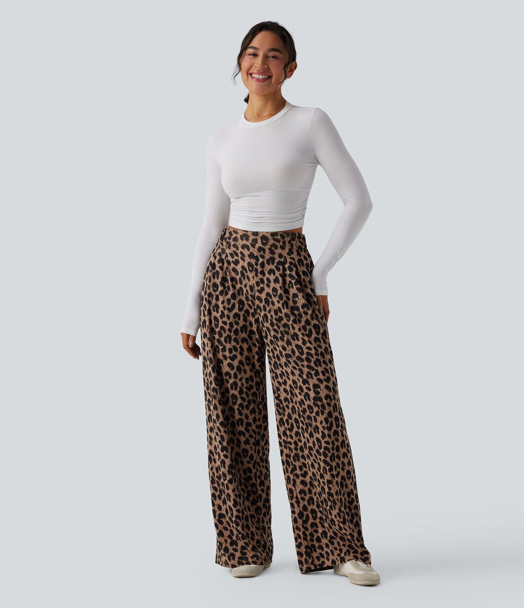 Pantalon large décontracté taille haute imprimé léopard en tissu gaufré avec poches