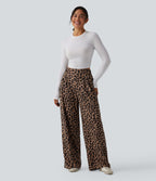 Pantalon large décontracté taille haute imprimé léopard en tissu gaufré avec poches