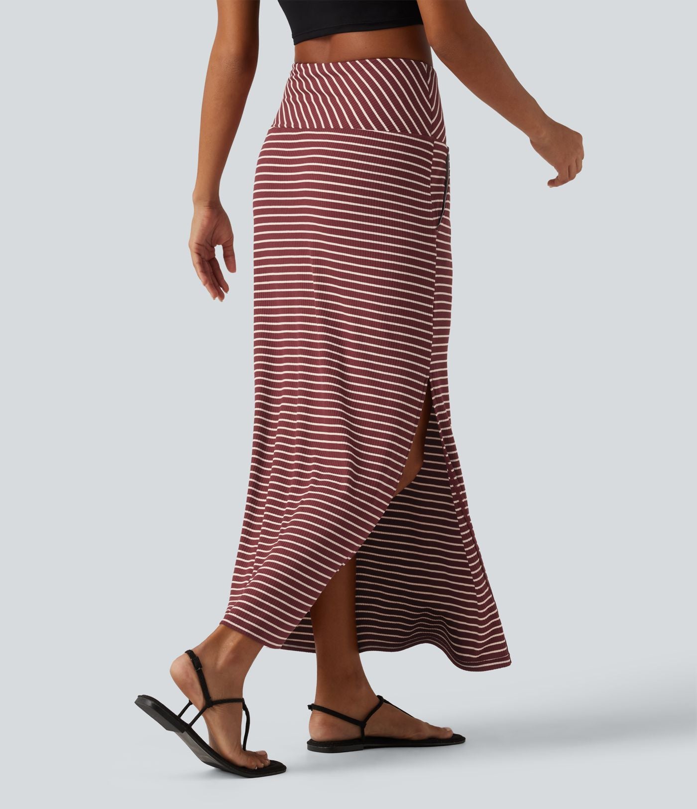 Jupe longue casual gainante taille haute à rayures et fente avec poches