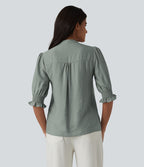 Blouse décontractée à col en V et manches courtes bouffantes