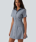 Robe chemise courte casual col manches courtes avec fronces et taille cintrée à rayures