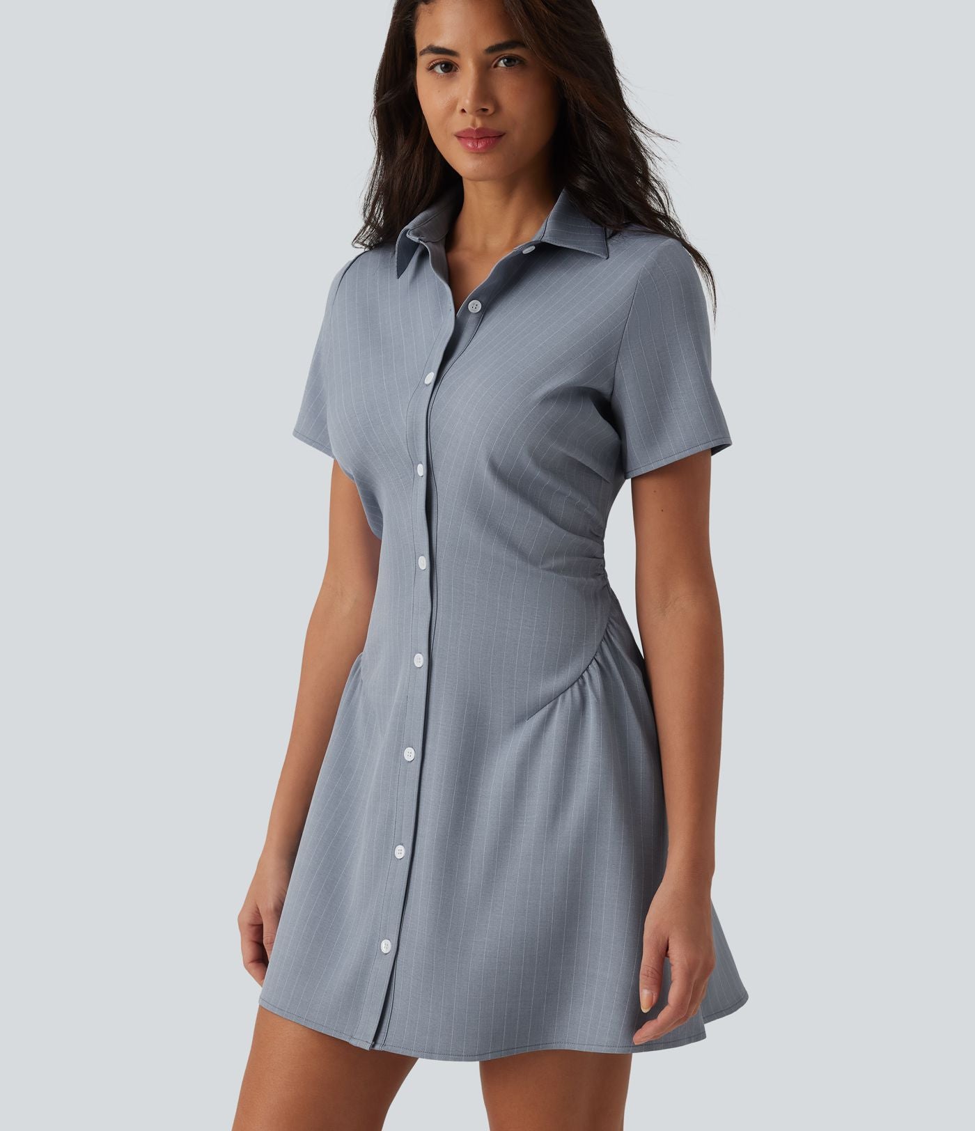 Robe chemise courte casual col manches courtes avec fronces et taille cintrée à rayures