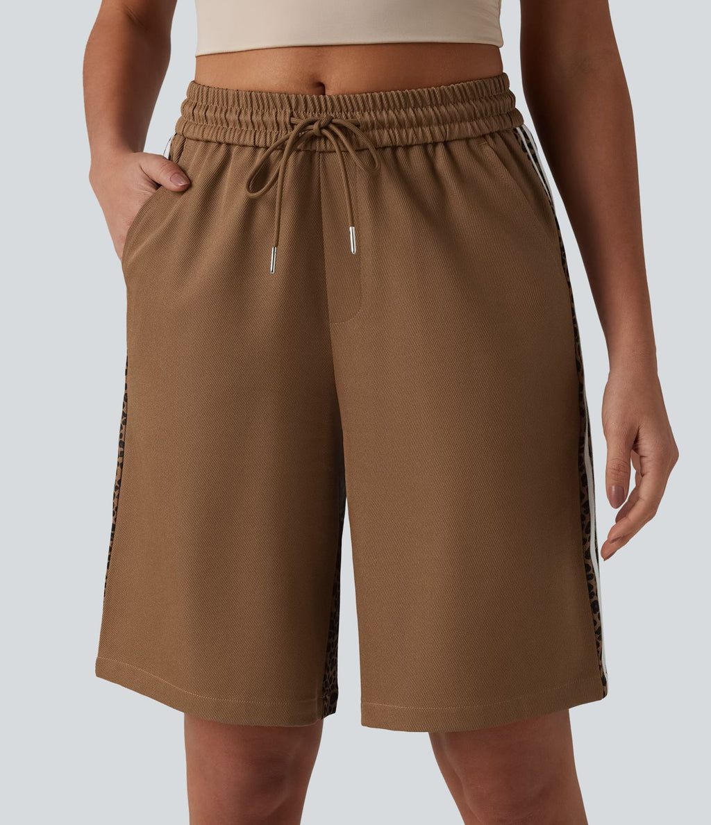 Short ample décontracté à taille mi-haute, cordon de serrage, rayures contrastées léopard, 25 cm, avec poches