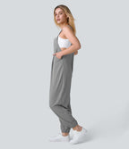 Salopette Casual Bretelles Ajustables Boutonnés Multiples Poches Plis et Tissu Gaufré