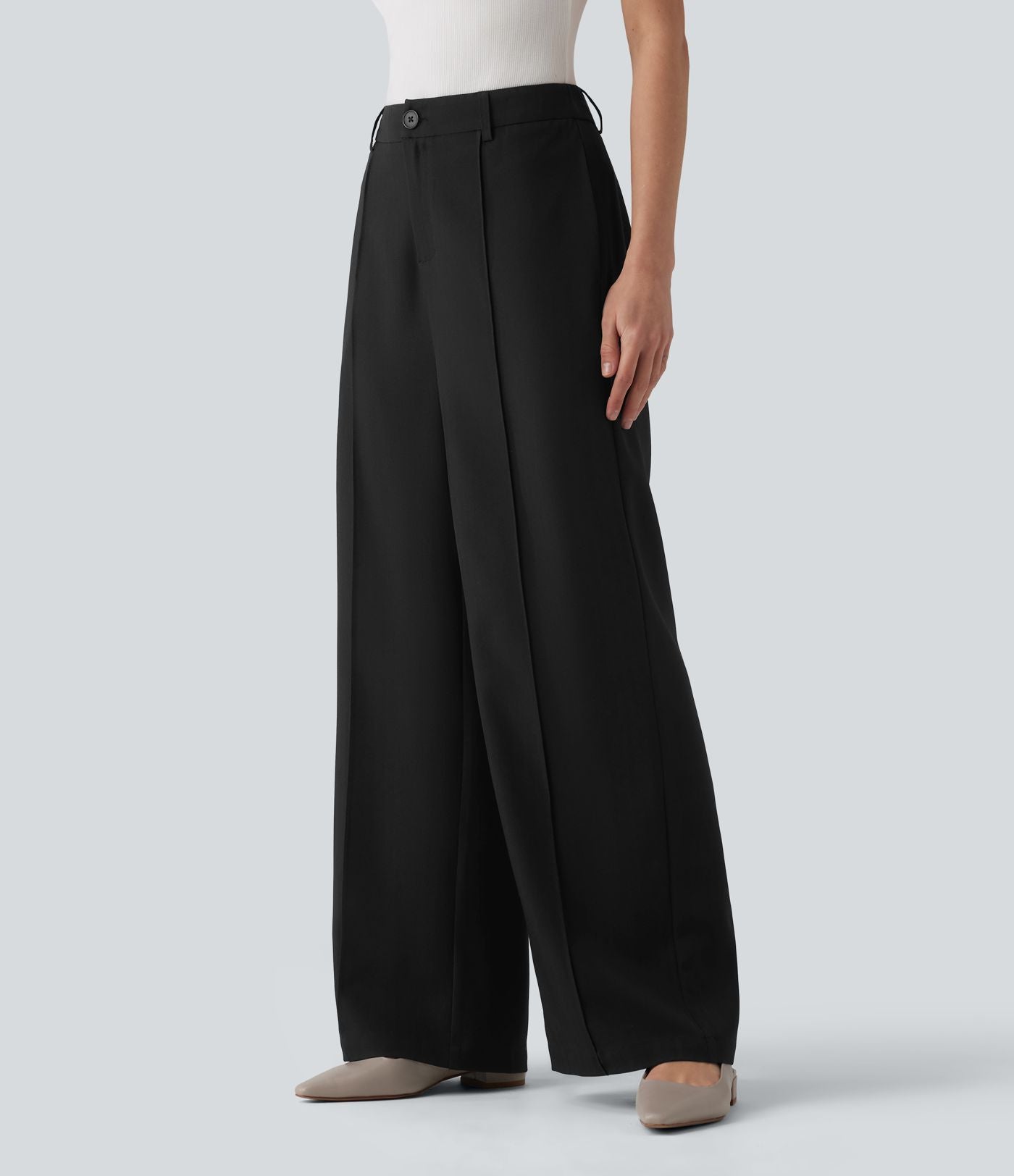 Pantalon tailleur droit taille haute aspect lin avec poches