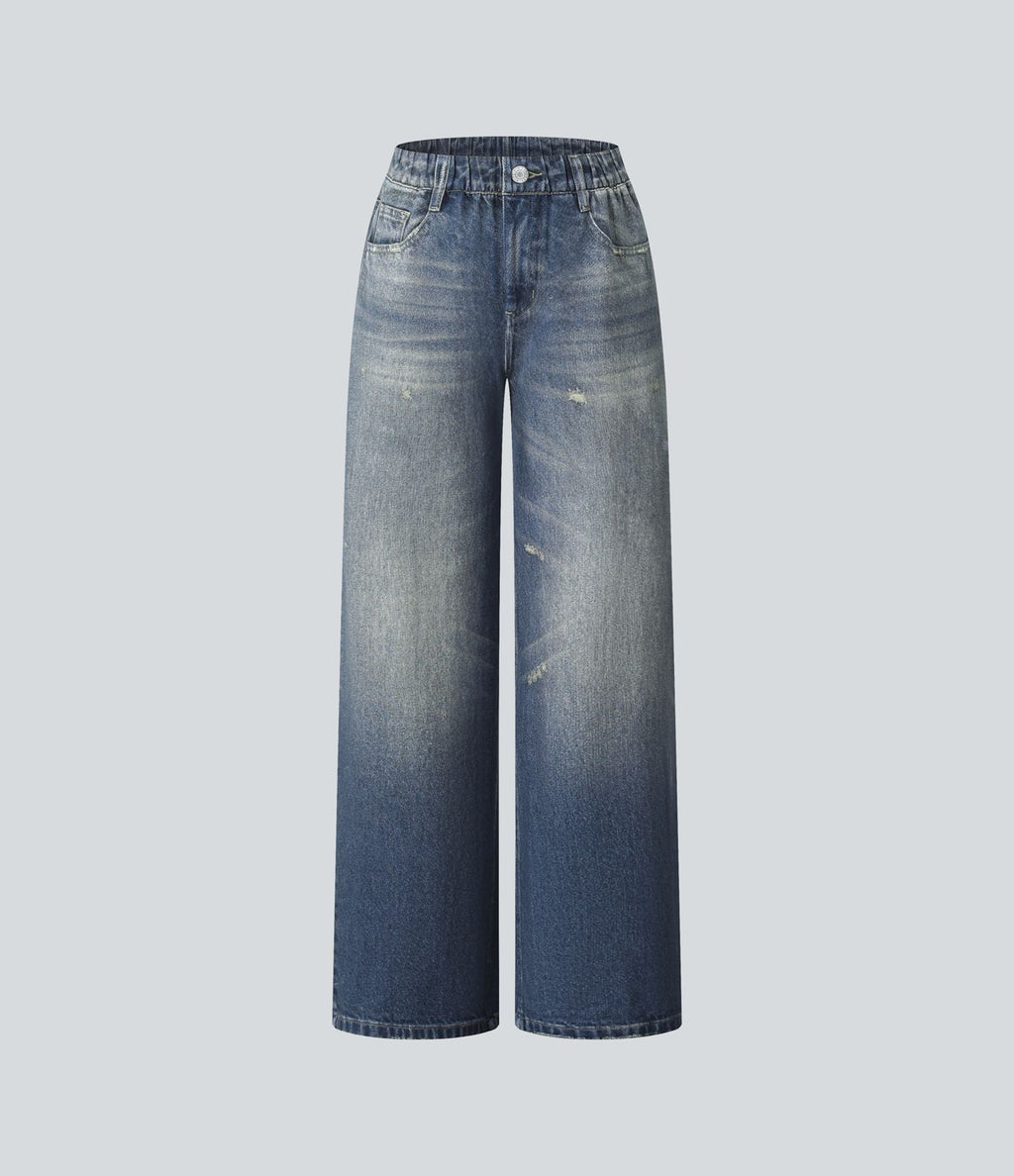 Jogging jean décontracté en molleton French Terry imprimé denim taille mi-haute avec poches