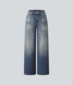 Jogging jean décontracté en molleton French Terry imprimé denim taille mi-haute avec poches