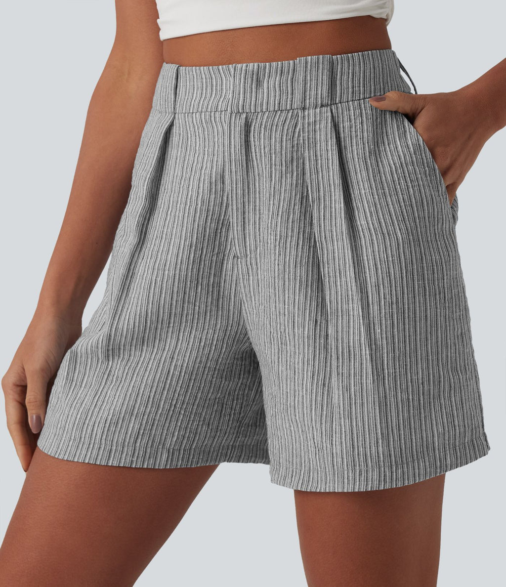 Short casual large aspect lin taille haute avec poches