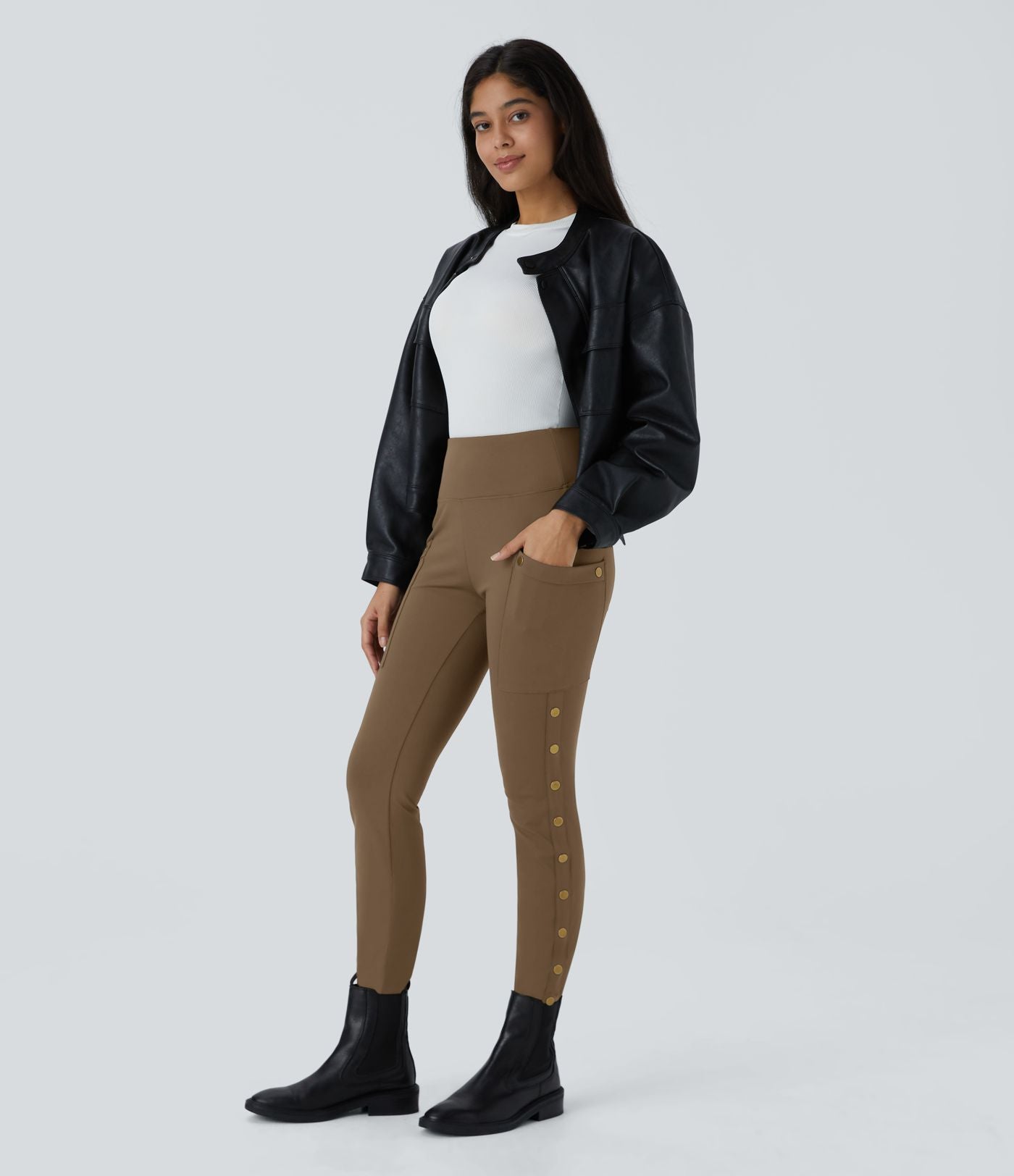 Pantalon taille haute ajusté longueur cheville avec poches décoratives DayStretch