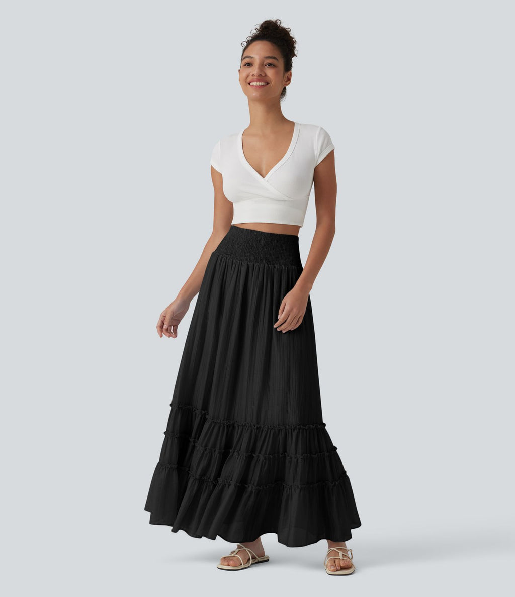 Jupe longue fluide à volants taille haute – Style resort