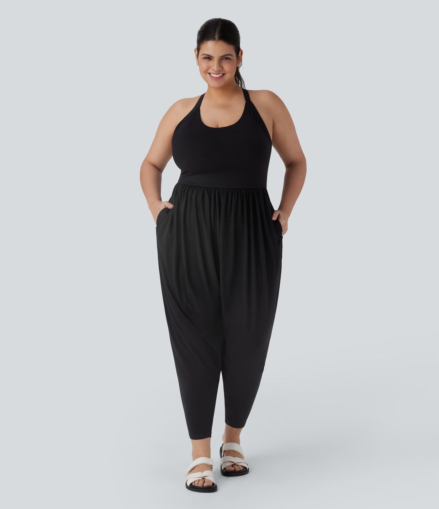 Combinaison sarouel dos nu torsadée grande taille avec poche latérale - Édition facile à enfiler