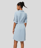 Robe-chemise décontractée à col, manches retroussables et ceinture