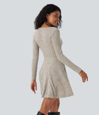 Robe décontractée mini évasée maille côtelée col V manches longues