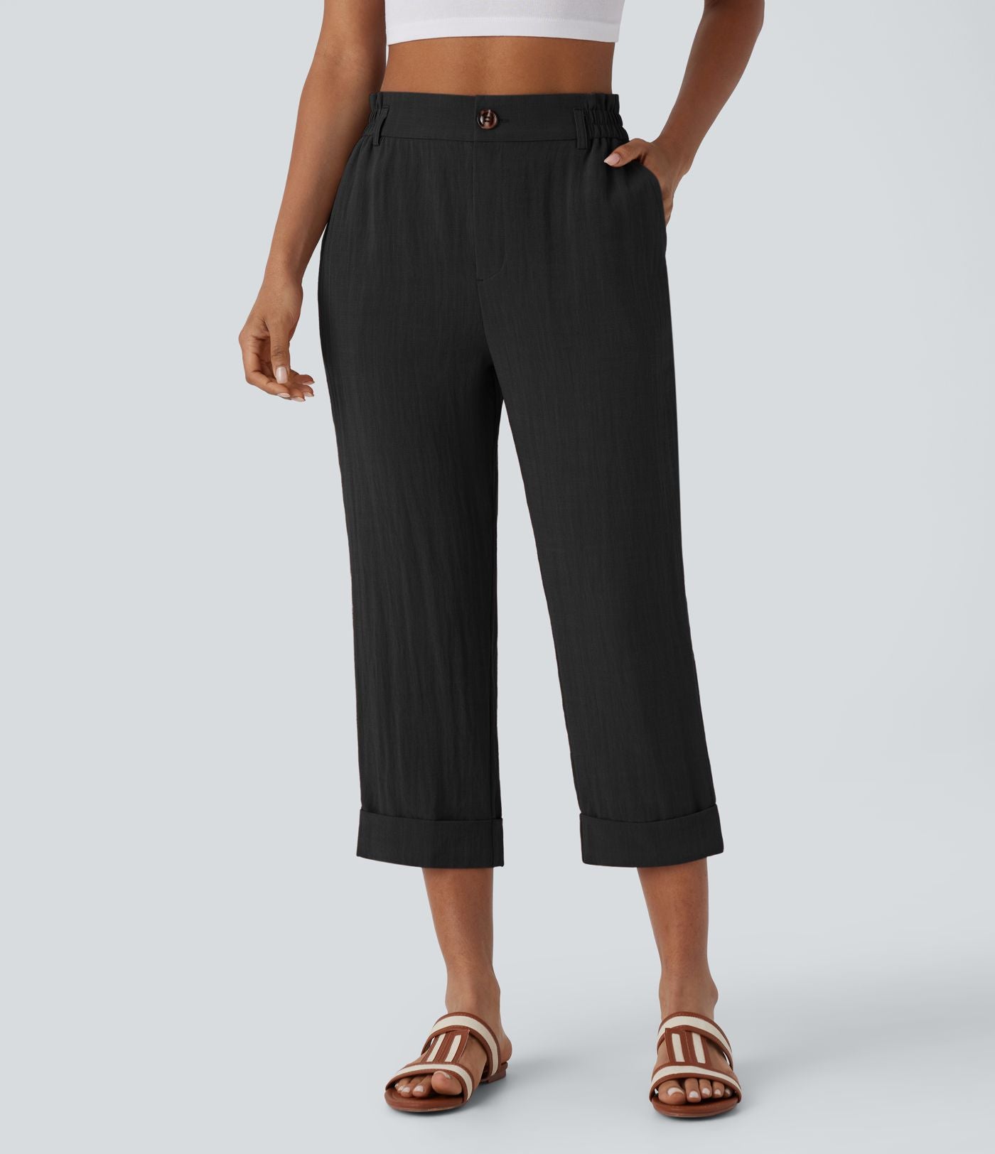 Pantalon capri effet lin taille haute avec poches zippées