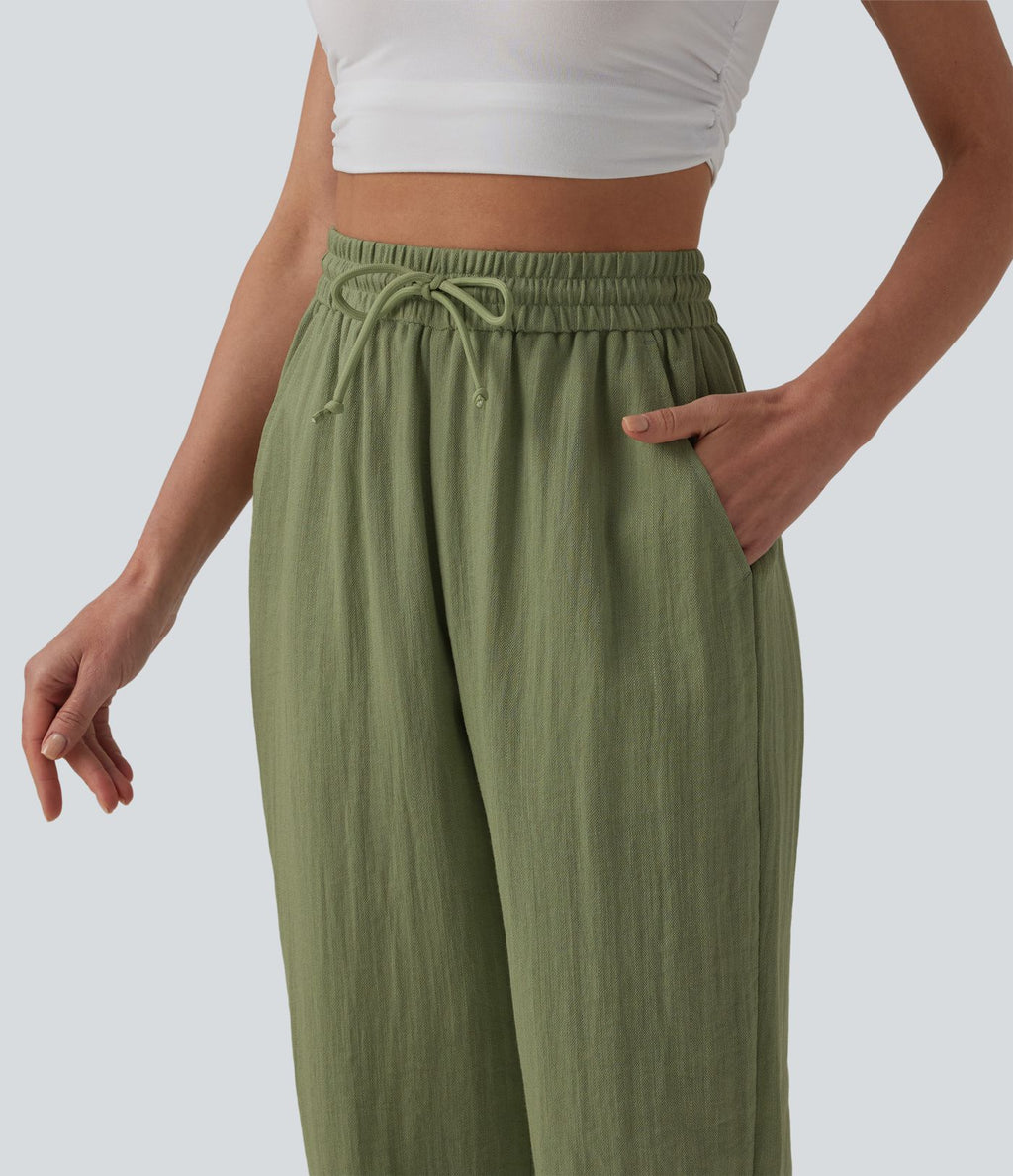 Jogging casual large ample taille haute aspect lin à cordon de serrage avec poches
