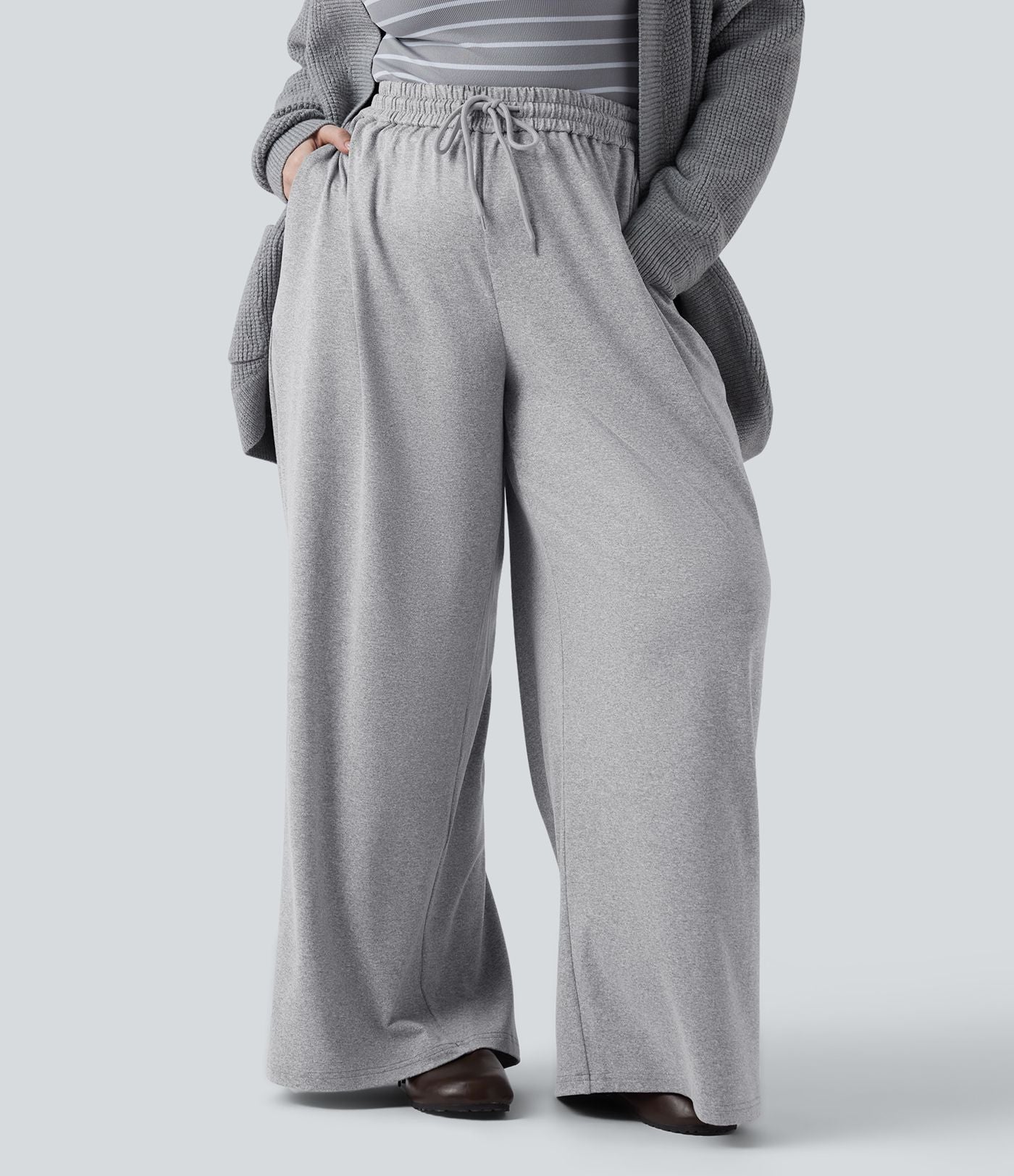 Pantalon décontracté grande taille large taille haute avec cordon de serrage et poches