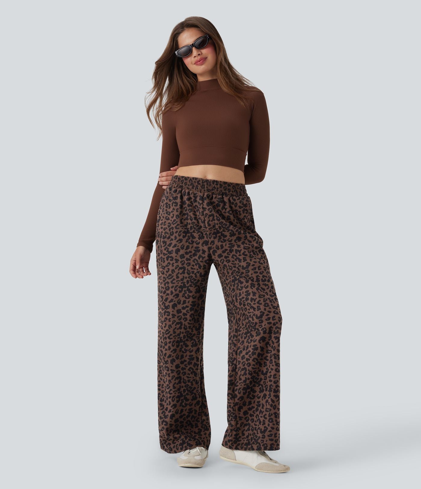 Pantalon léopard ample décontracté velours côtelé imprimé taille haute avec poches