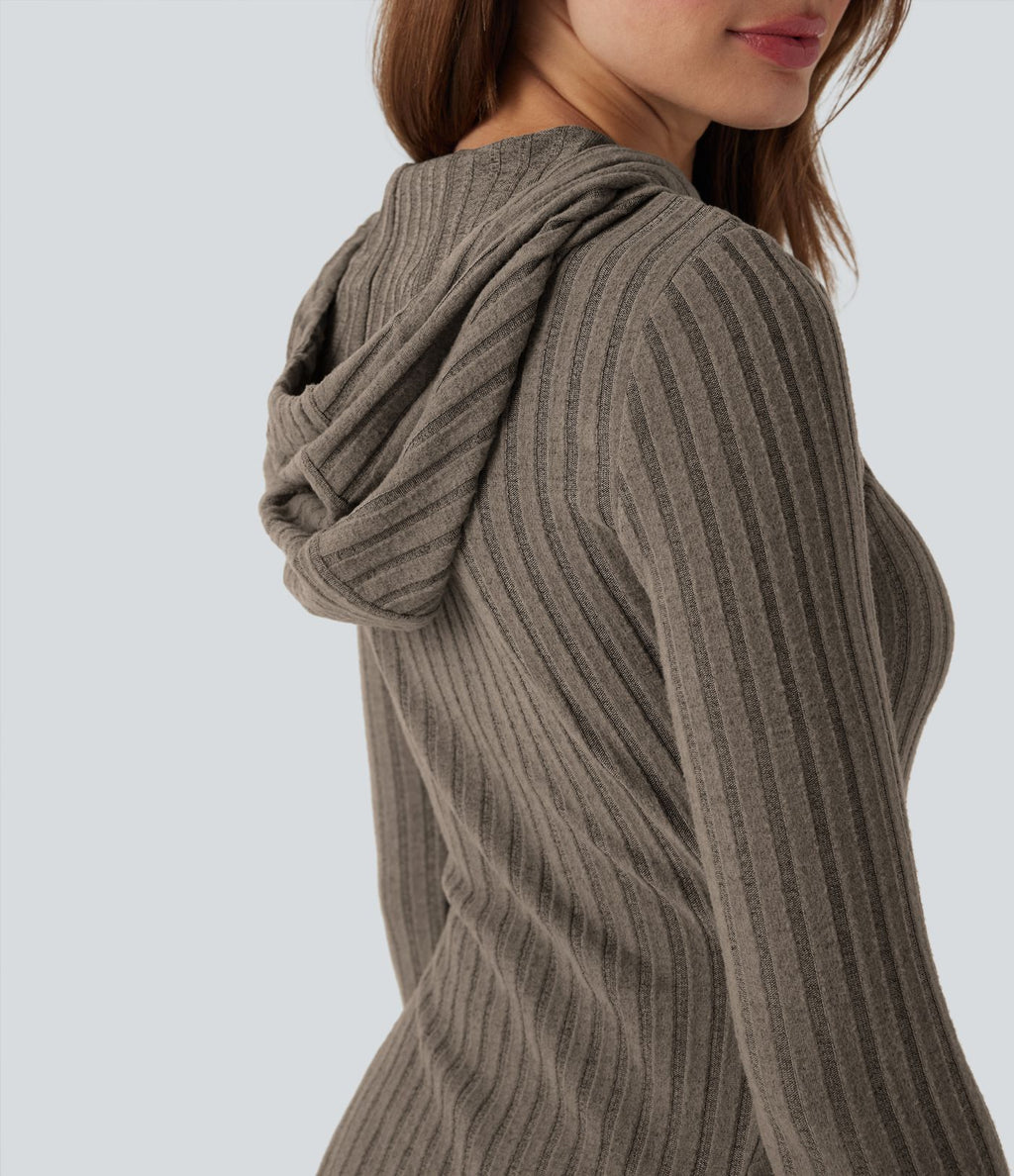 Robe décontractée mini à capuche maille côtelée manches longues avec cordon de serrage