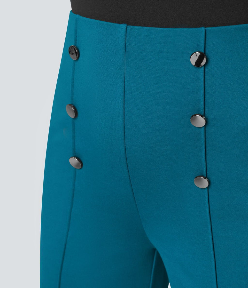 Pantalon Tailleur Large Taille Haute avec Bouton et Poches