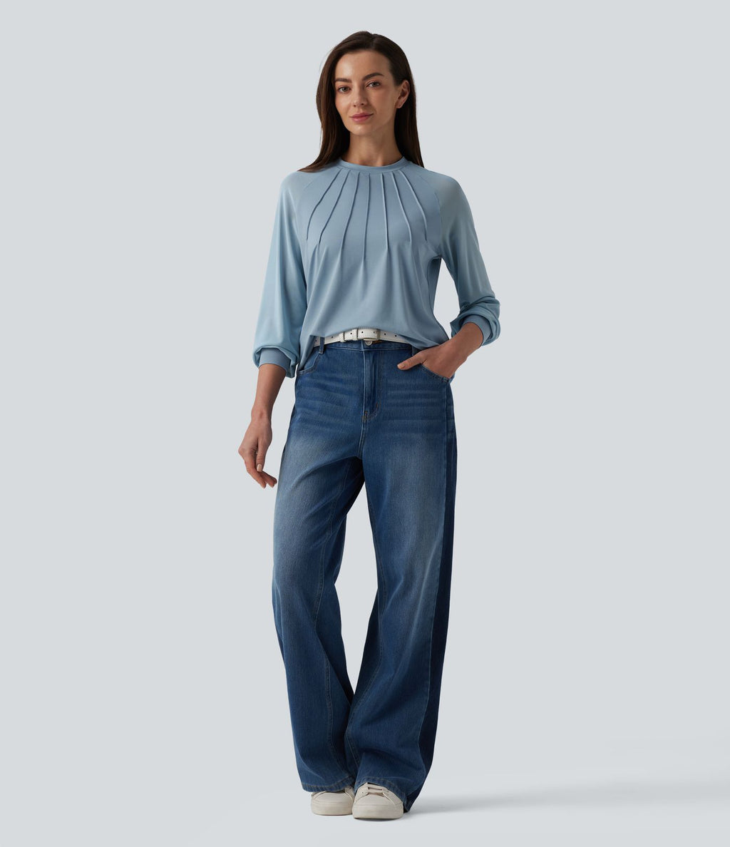 Blouse mesh contrastant col rond manches raglan longues