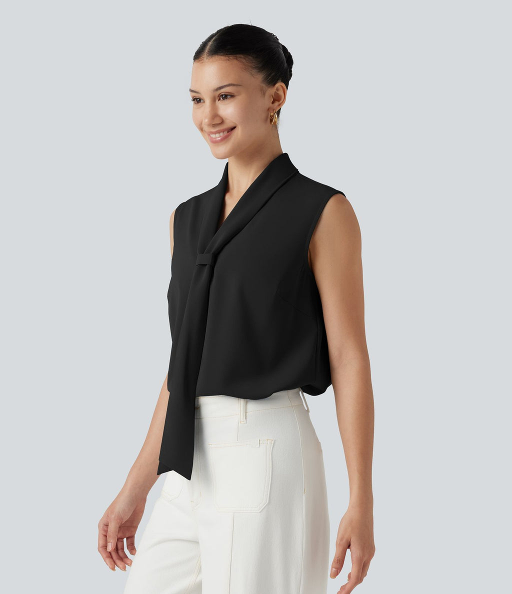 Blouse  sans manches esprit bureau défroissage facile, col V et lien à nouer