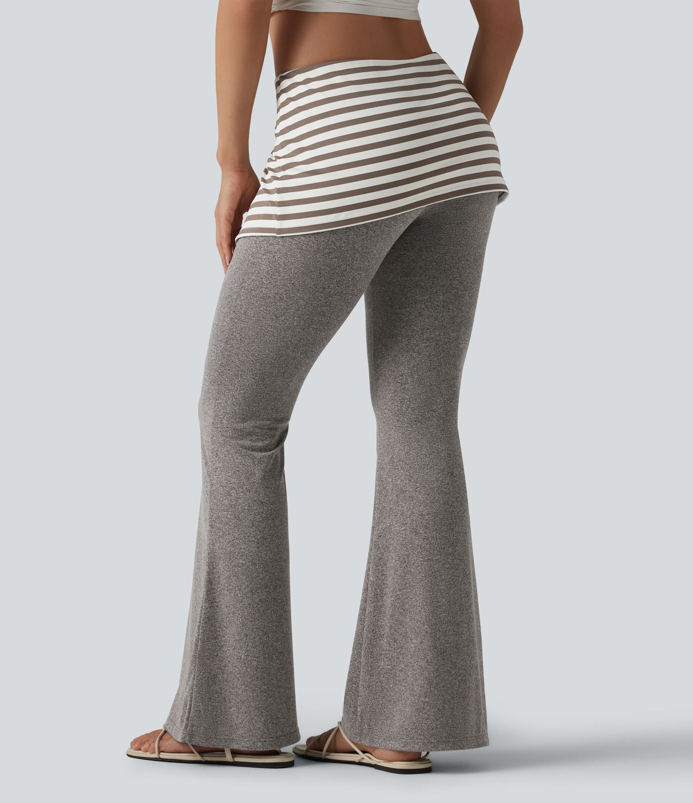 Pantalon évasé taille basse rabattable à rayures chiné