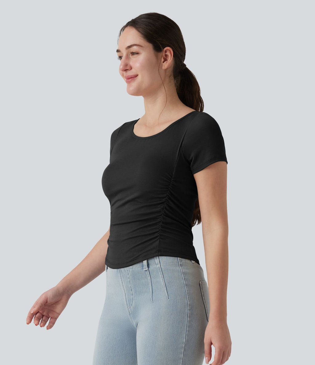 T-shirt casual ajusté côtelé col bateau manches courtes avec fronces et brassière intégrée