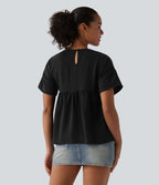 T-shirt décontracté col rond manches courtes ourlet à volants aspect lin