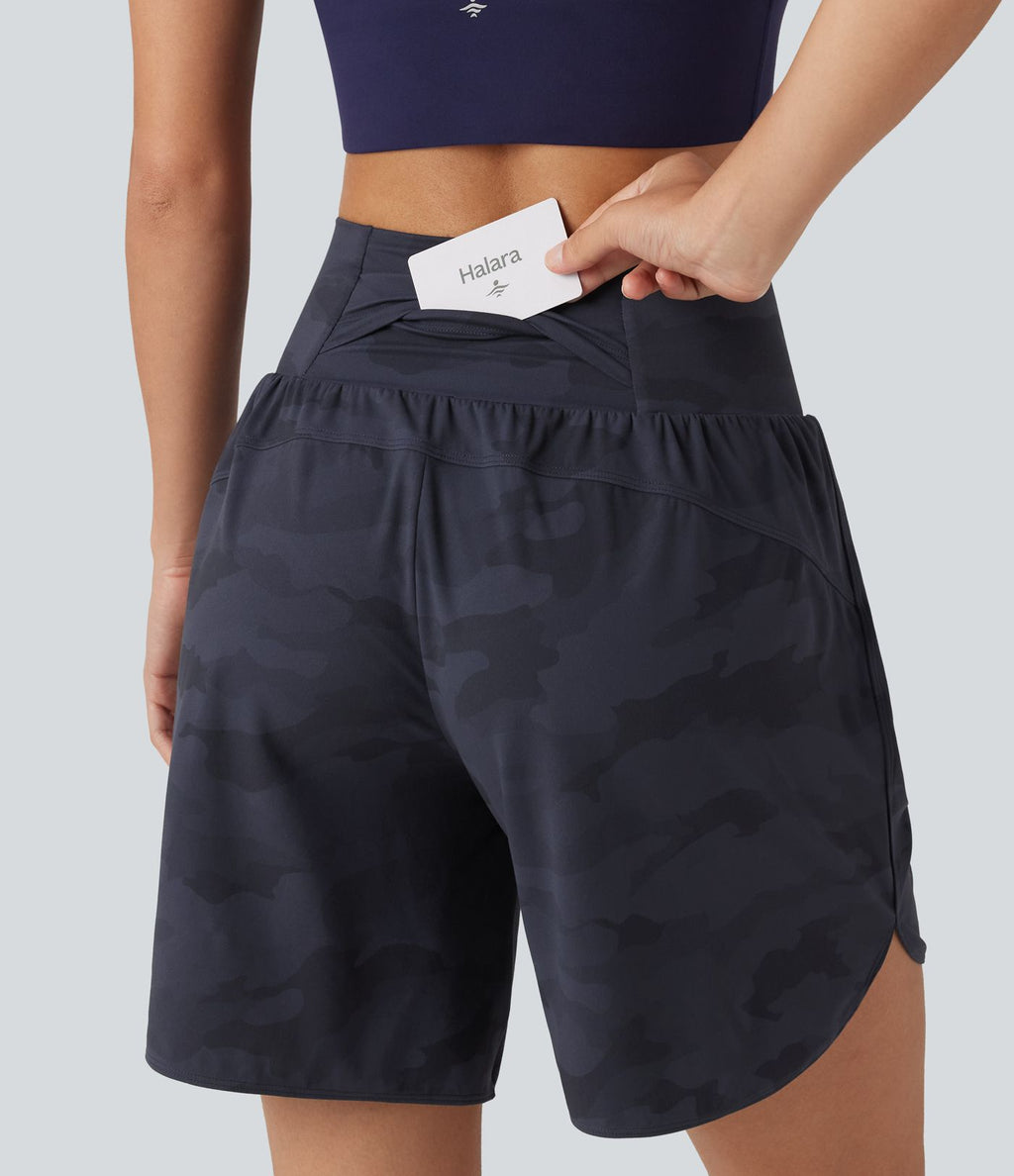 Short de running Halara UltraSculpt™ gainant taille haute imprimé camouflage avec ourlet arrondi et poche - 18 cm