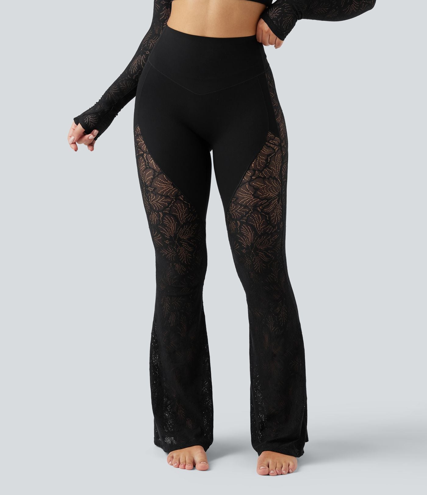 Pantalon de yoga évasé gainant taille haute avec dentelle contrastée et poche Halara UltraSculpt™