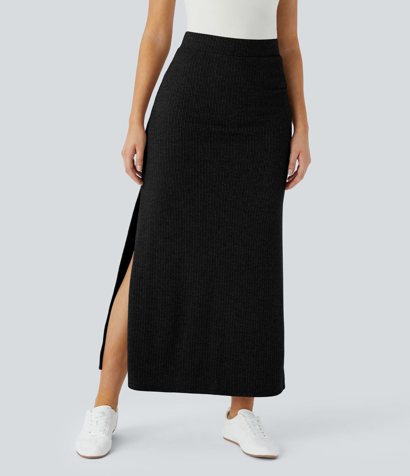 Jupe Casual Maxi à Taille Haute et Ourlet Fendu en A-Line en Côtes