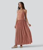 Robe nuisette longue décontractée fluide bretelles réglables froncée mesh contrasté soutien-gorge intégré