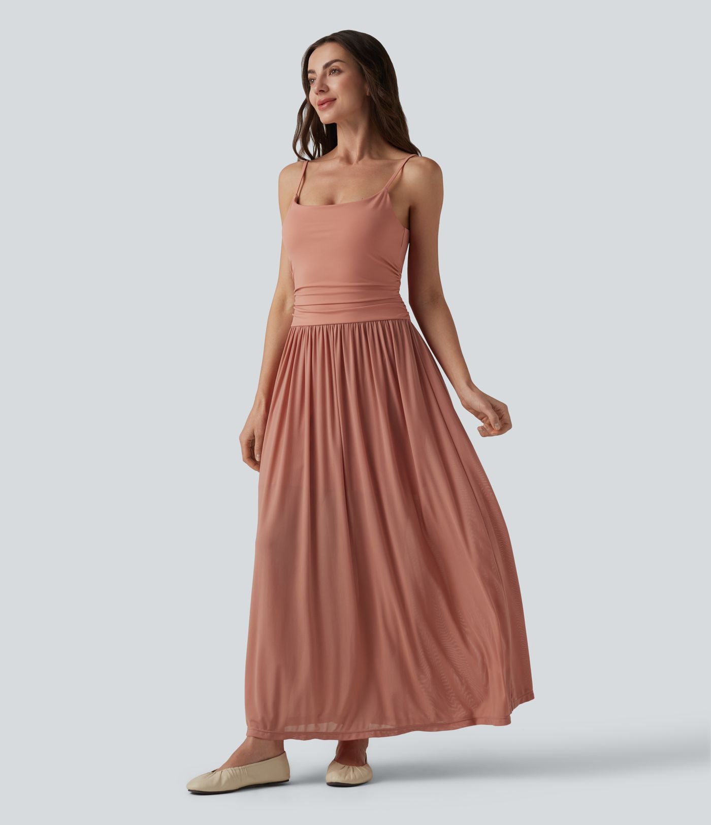 Robe nuisette longue décontractée fluide bretelles réglables froncée mesh contrasté soutien-gorge intégré