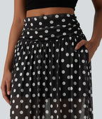 Jupe maxi fluide décontractée maille pois gainante taille haute avec poches