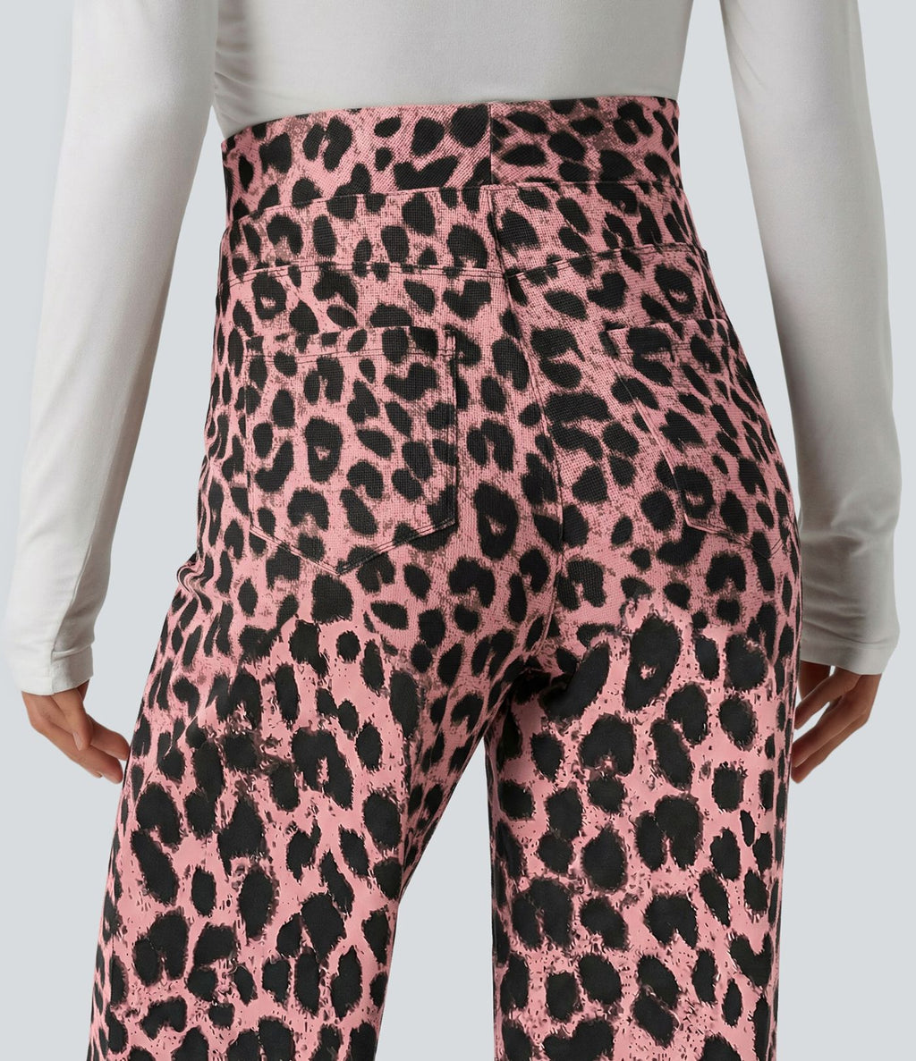 Pantalon large décontracté taille haute gaufré imprimé léopard avec poches