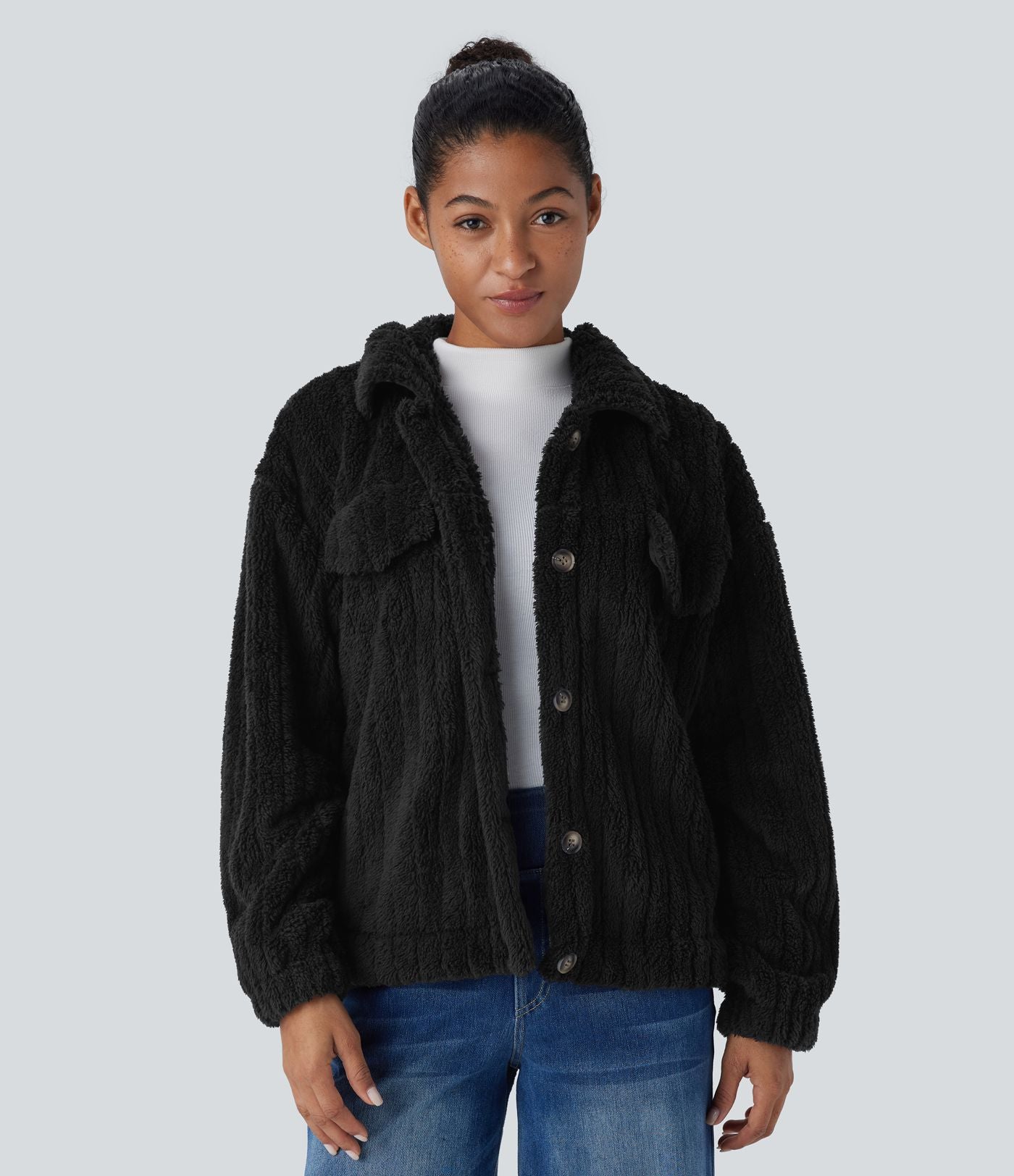 Veste décontractée en sherpa à col, boutons et manches longues