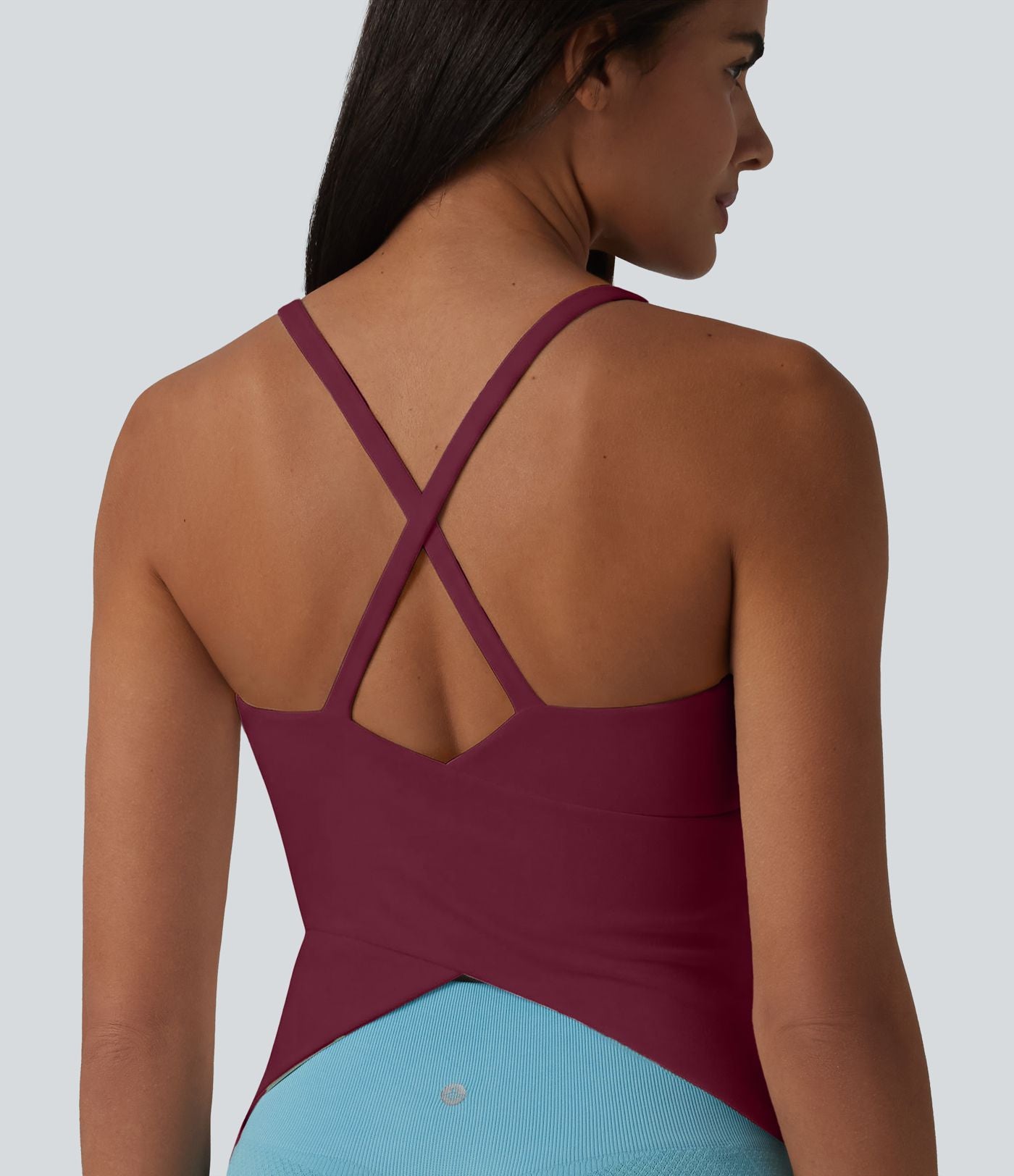 Caraco de yoga col rond échancré à dos croisé et ourlet croisé avec brassière intégrée — Bonnets E-G