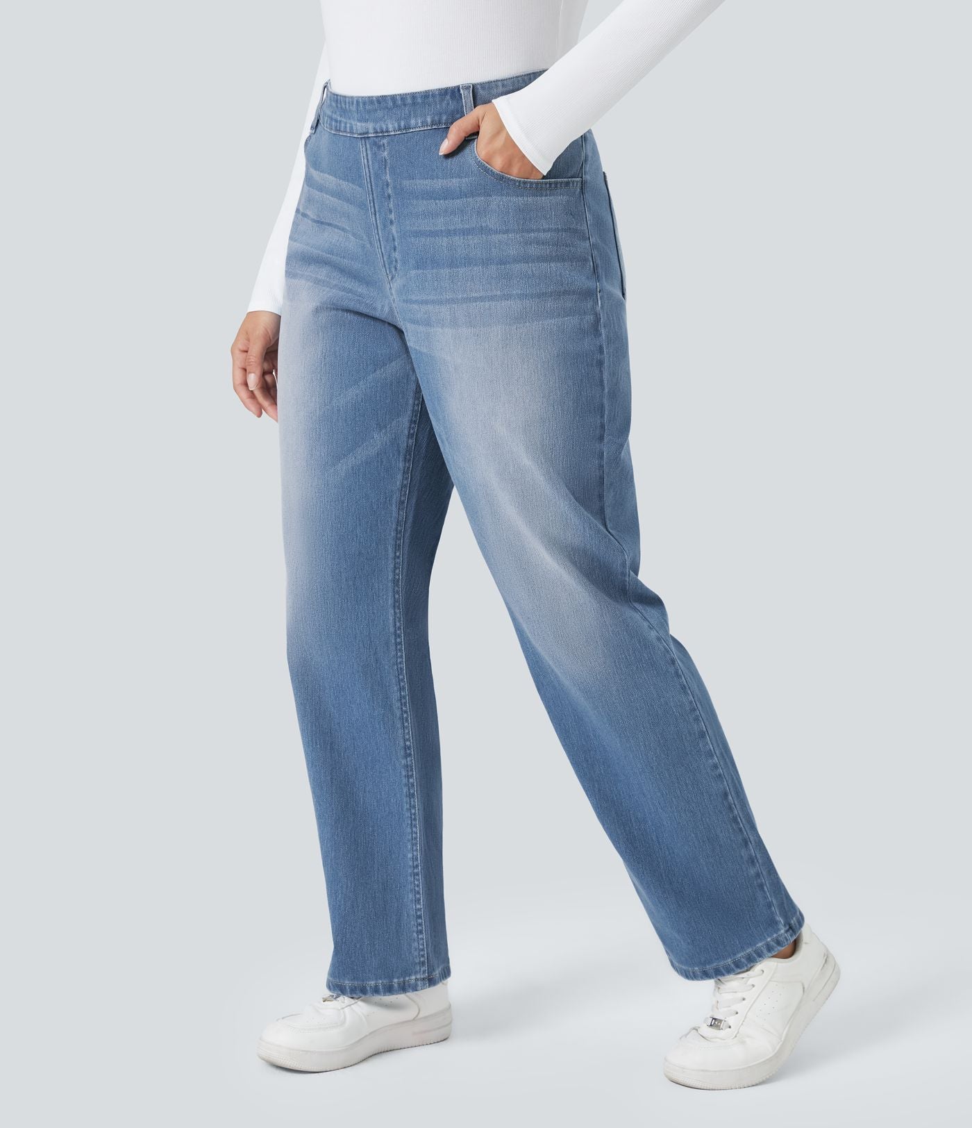 Jean décontracté Halara Flex™ grande taille, taille haute, multiples poches, jambes droites, effet délavé, en maille extensible