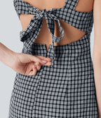 Robe mini vichy à col carré avec lien à nouer au dos et poches