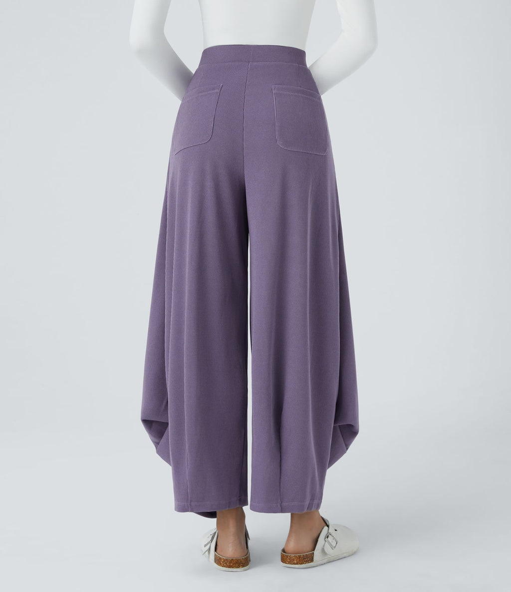Pantalon décontracté harem uni côtelé, taille haute, avec poches
