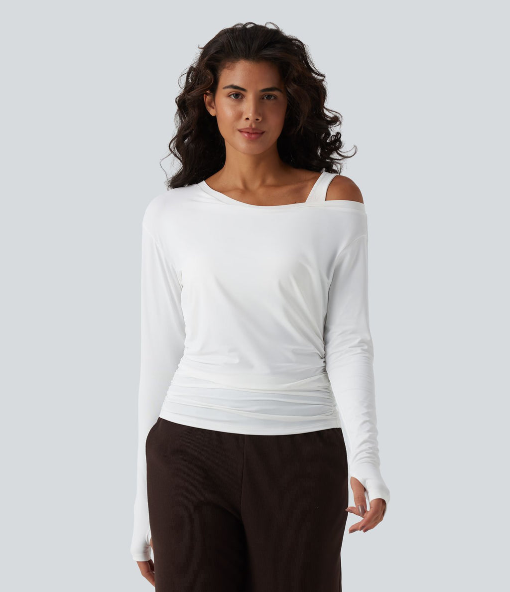 Haut d'entraînement une épaule manches longues avec brassière intégrée, passe-pouces, fronces et effet frais InstantCool, protection solaire UPF50+